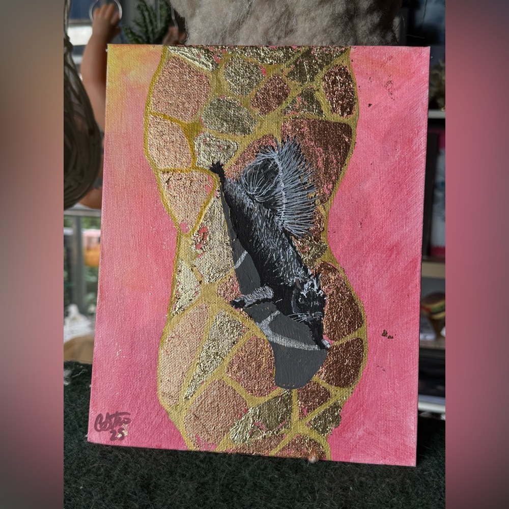 Hanging Squirrel - with gold and copper leaf, 8x10” by chrissysagod the artist